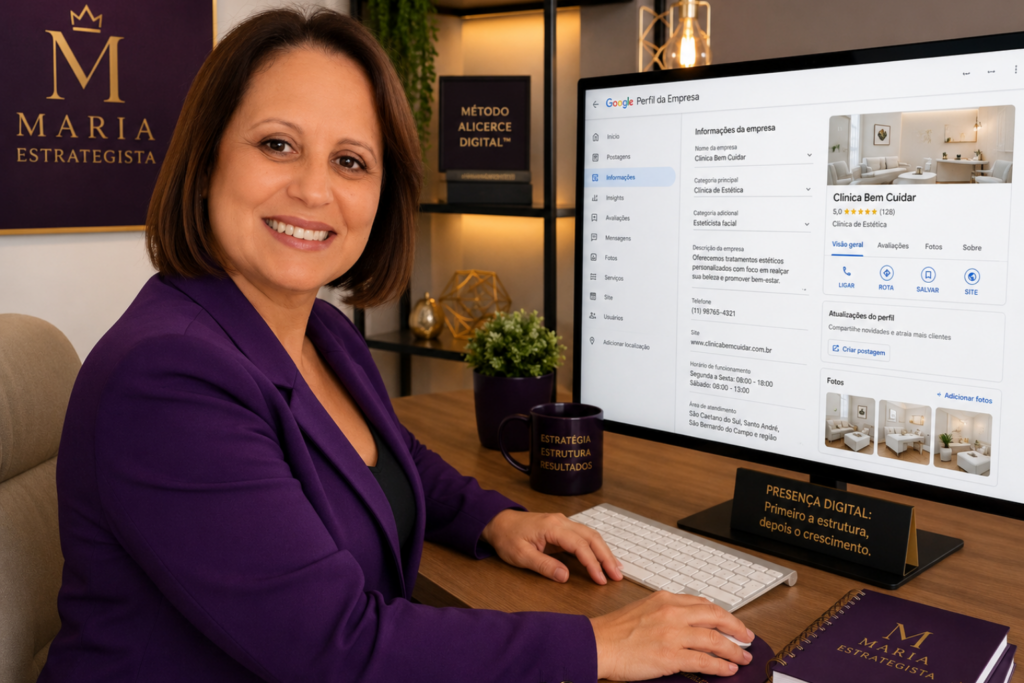 Maria Estrategista trabalhando na otimização de um Perfil da Empresa no Google (Google Business), em um escritório moderno, utilizando computador para fortalecer a presença digital de pequenos negócios.