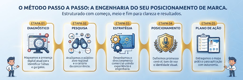 Infográfico detalhando o Método Alicerce Digital™, mostrando as cinco etapas: Diagnóstico, Pesquisa, Estratégia, Posicionamento e Plano de Ação para construir autoridade de marca.